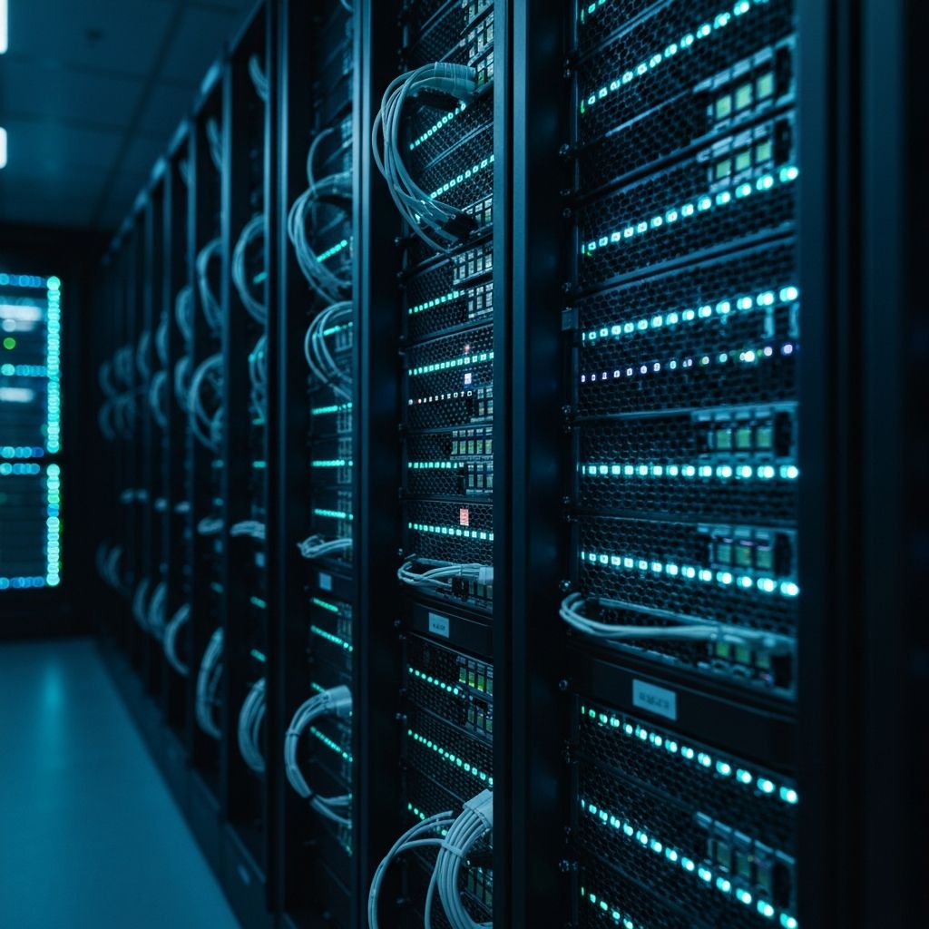 Server room with blue LED lights